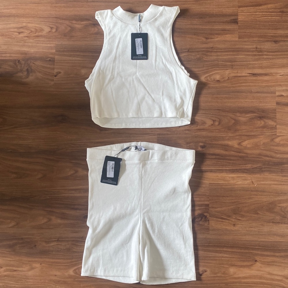 PLT loungewear plush ribbed high neck short set (cream)